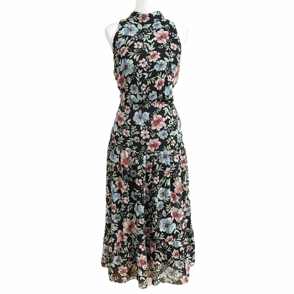 NICOLE MILLER BLACK FLORAL HALTER SLEEVELESS TIERED MAXI DRESS - 10